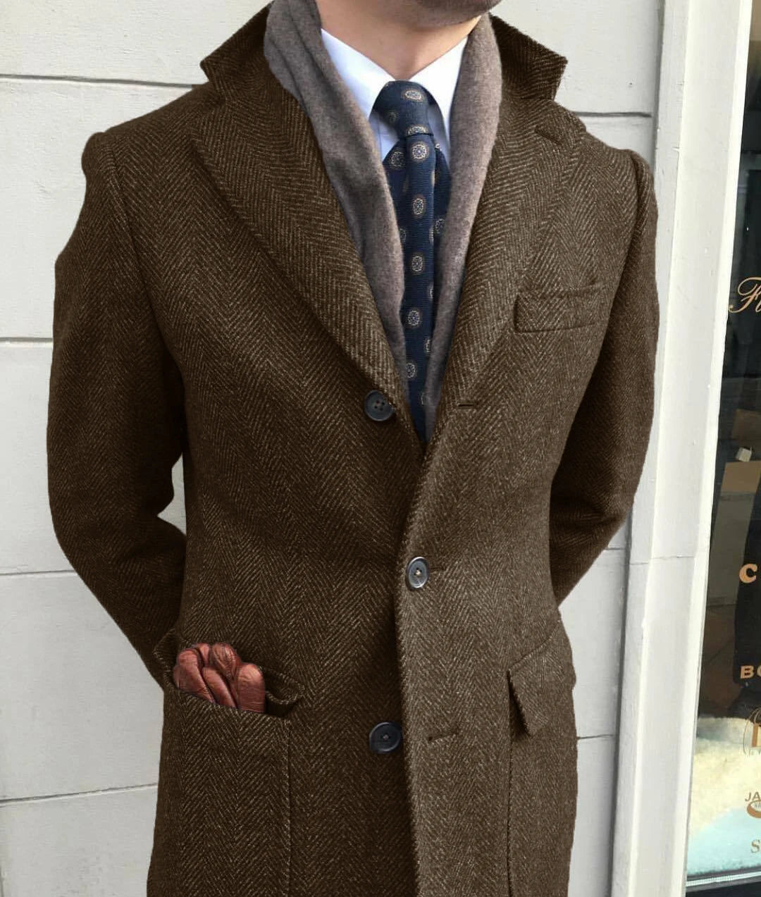 Sobretudo Clássico Herringbone em Tweed