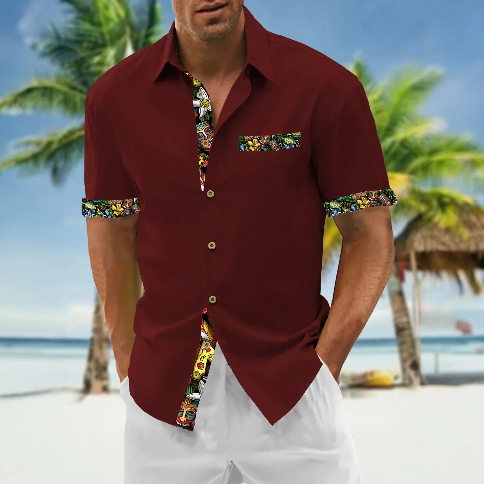 Camisa Masculina Havaiana Estampada em 3D Manga Curta