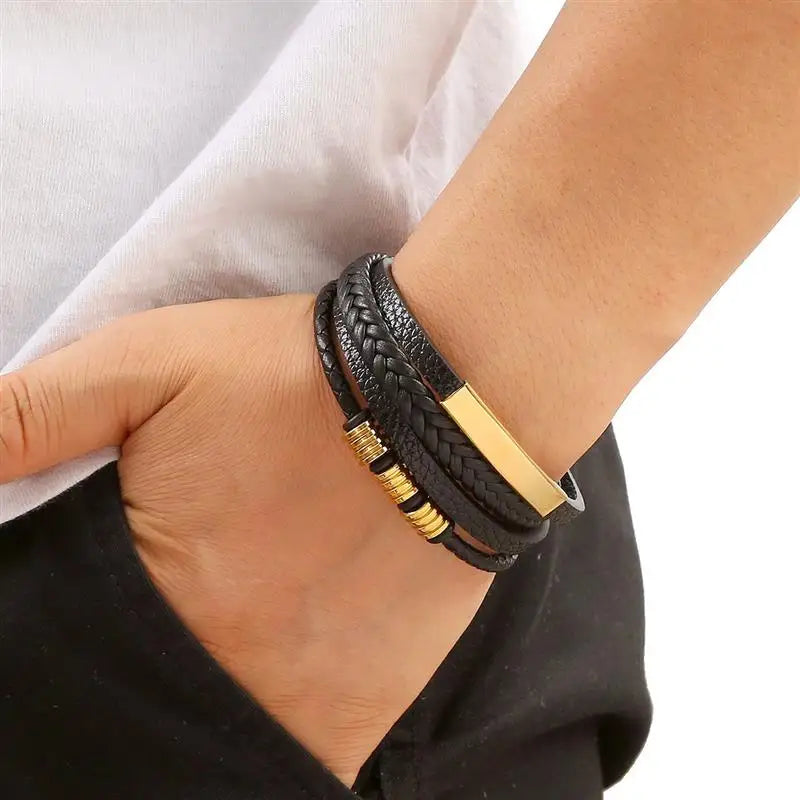 Pulseira Masculina de Couro Clássico Trançada à Mão, Multi-Camada