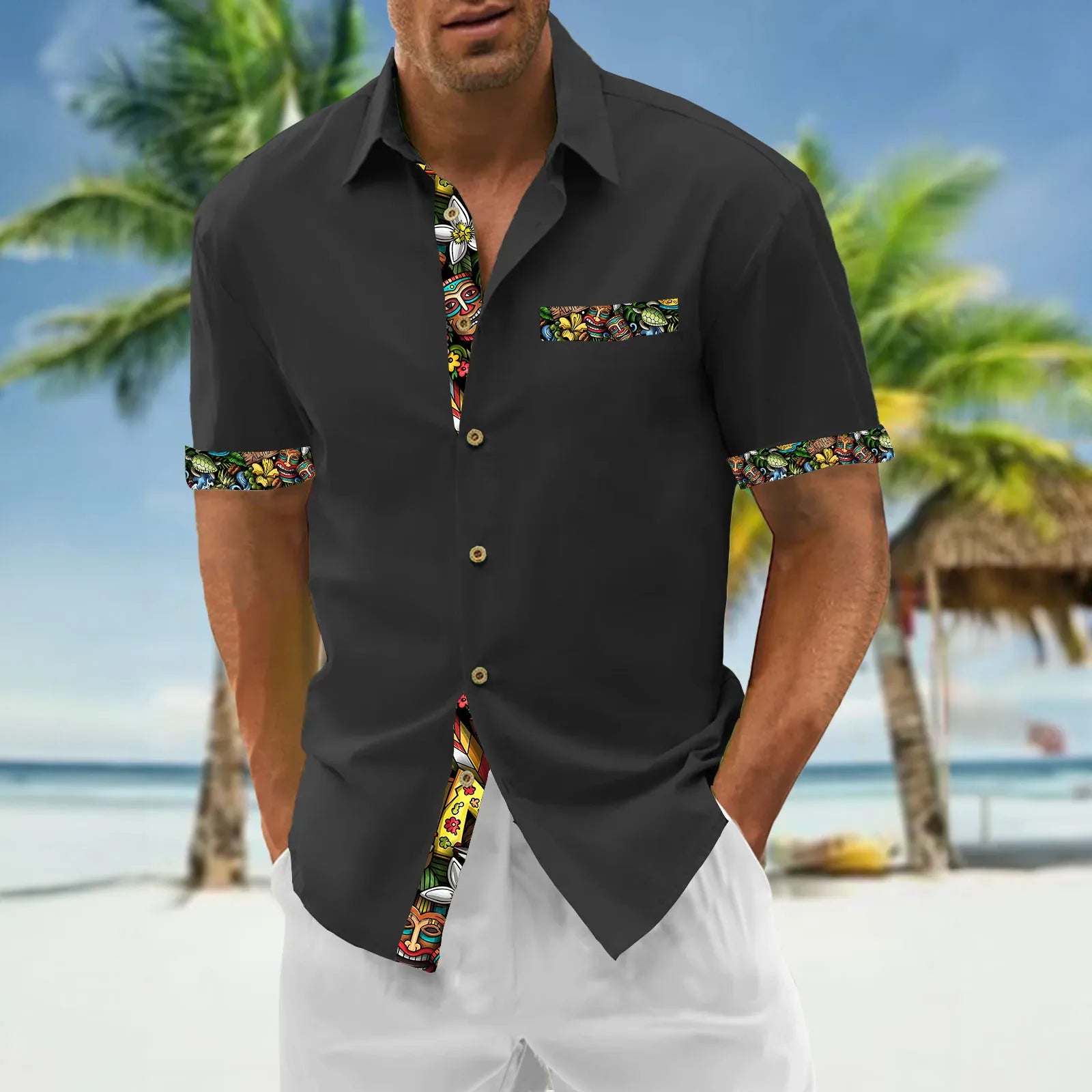 Camisa Masculina Havaiana Estampada em 3D Manga Curta